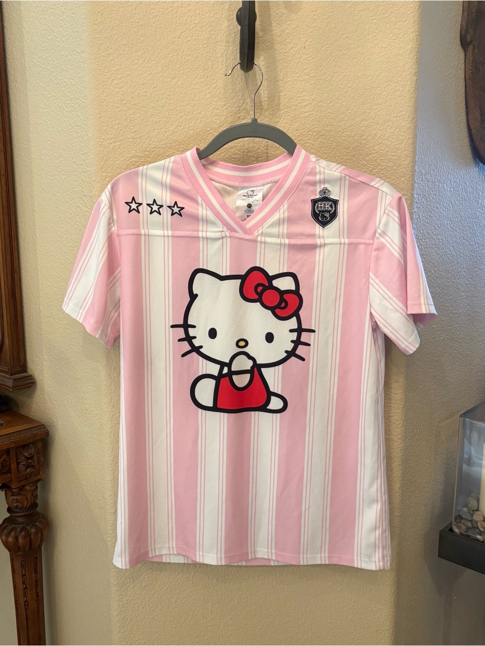 Sanrio Hello Kitty Pink Striped Embroidered Baseball Jersey V-Neck Top Size XS